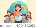 Educational Joy: Illustration of Female Teacher and Kids Embracing Books, Smiles, Globe, Flowers in Flat Style.GenerativeAI. 109431263