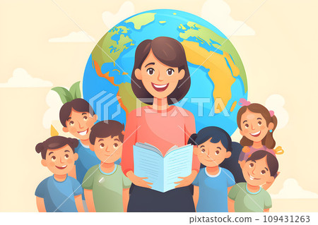 Educational Joy: Illustration of Female Teacher and Kids Embracing Books, Smiles, Globe, Flowers in Flat Style.GenerativeAI. 109431263
