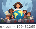 Educational Joy: Illustration of Female Teacher and Kids Embracing Books, Smiles, Globe, Flowers in Flat Style.GenerativeAI. 109431265