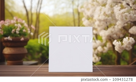 White greeting card with blank front, realistic on a mockup template in a wooden table in a easter luxuty background in home inside, 109431278