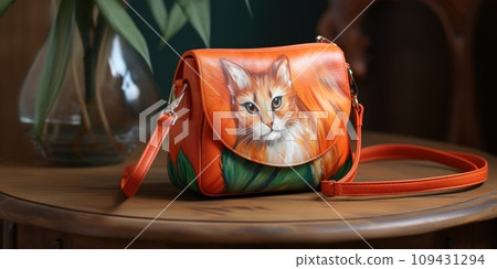 the brown leather crossbody has been placed on a wooden table that has no handle, 109431294