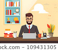 Educator's Realm: Man Teacher Engaged with Laptop in a Classroom View, Desk, Window - Flat-Style Illustration.GenerativeAI. 109431305