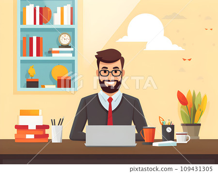 Educator's Realm: Man Teacher Engaged with Laptop in a Classroom View, Desk, Window - Flat-Style Illustration.GenerativeAI. 109431305