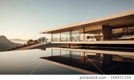 AI-generated content. Sunset serenity, a modern villa overlooking gentle hills. Generative AI AI-generated content. Sunset serenity, a modern villa overlooking gentle hills. Generative AI 109431338