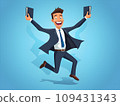 Energetic Educator: Smiling Male Teacher in Suit Jumping Amidst Flying Books - Trendy Flat-Style Character Design.GenerativeAI. 109431343