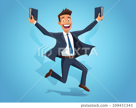 Energetic Educator: Smiling Male Teacher in Suit Jumping Amidst Flying Books - Trendy Flat-Style Character Design.GenerativeAI. 109431343