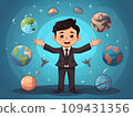 Young Science Enthusiast: Boy in Suit Holding Globe, Surrounded by Science Elements - Flat-Style Illustration.GenerativeAI. 109431356