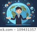 Young Science Enthusiast: Boy in Suit Holding Globe, Surrounded by Science Elements - Flat-Style Illustration.GenerativeAI. 109431357