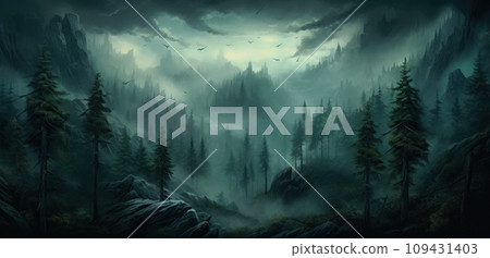a big mountain forest covered with fog and trees, 109431403
