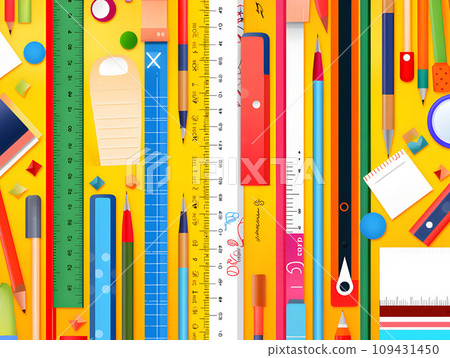 Stationery Haven: Flat-Style Background Featuring Pencils, Pens, Rulers, Papers, and Books.GenerativeAI. 109431450