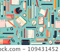 Stationery Haven: Flat-Style Background Featuring Pencils, Pens, Rulers, Papers, and Books.GenerativeAI. 109431452