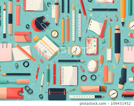 Stationery Haven: Flat-Style Background Featuring Pencils, Pens, Rulers, Papers, and Books.GenerativeAI. 109431452