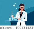 Scientific Educator: Woman Teacher in Glasses and Suit Conducting Experiment with Test Tube - Flat-Style Concept.GenerativeAI. 109431483