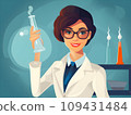 Scientific Educator: Woman Teacher in Glasses and Suit Conducting Experiment with Test Tube - Flat-Style Concept.GenerativeAI. 109431484