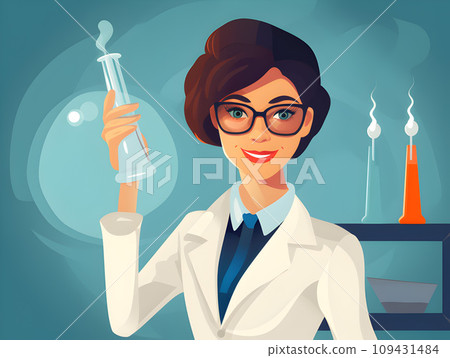 Scientific Educator: Woman Teacher in Glasses and Suit Conducting Experiment with Test Tube - Flat-Style Concept.GenerativeAI. 109431484