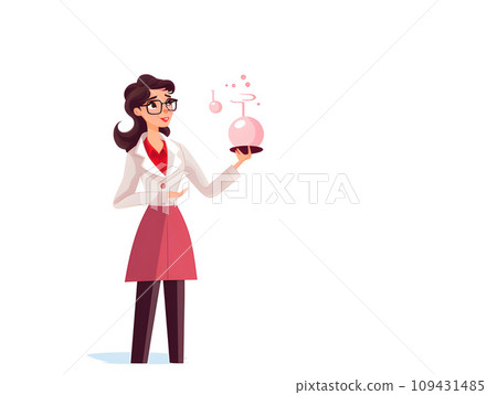 Scientific Educator: Woman Teacher in Glasses and Suit Conducting Experiment with Test Tube - Flat-Style Concept.GenerativeAI. 109431485