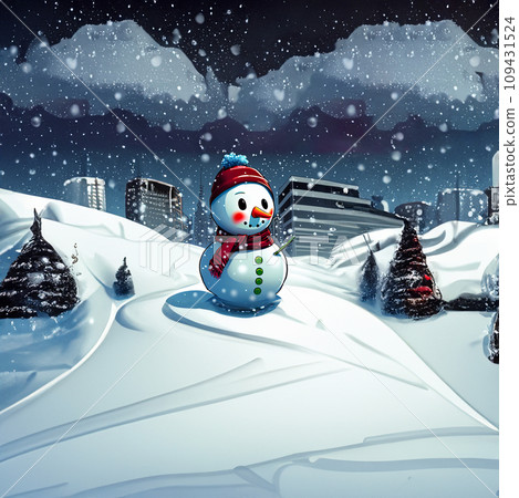 Illustration of a snowman on a street corner on a snowy evening 109431524