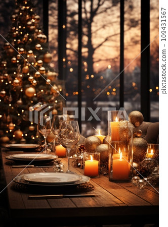 a table with candles and a christmas tree in front of it, a table with candles and a christmas tree in front of it, 109431567