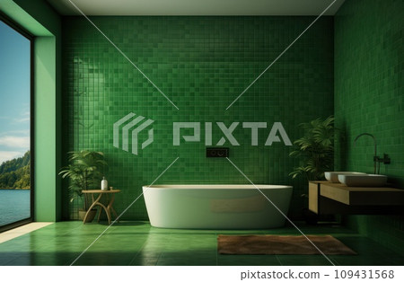 a green bathroom filled with white towels and plants, 109431568