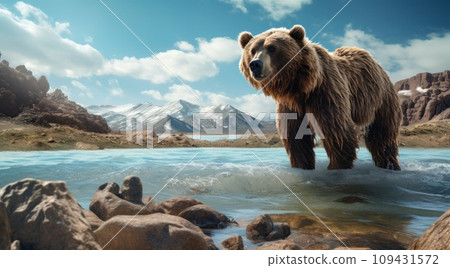 a grizzly bear on water standing near the rocky shoreline, 109431572