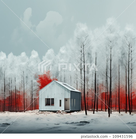 a house in the forest stands next to some trees, 109431596