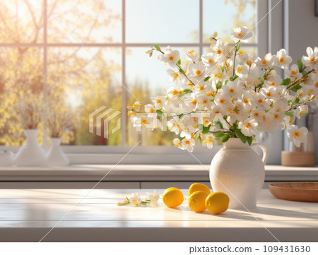 a kitchen with table and window in the background with flowers, 109431630