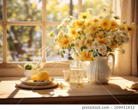 a kitchen with table and window in the background with flowers, a kitchen with table and window in the background with flowers, 109431632