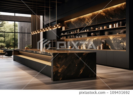 a large black and gold kitchen with wood, 109431692