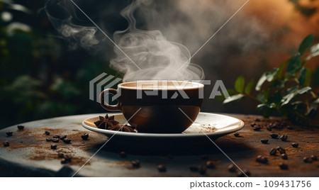 a black coffee cup in front of a plate with steam rising, a black coffee cup in front of a plate with steam rising, 109431756