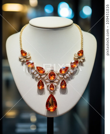 a necklace with gemstones in a store window, a necklace with gemstones in a store window, 109431816
