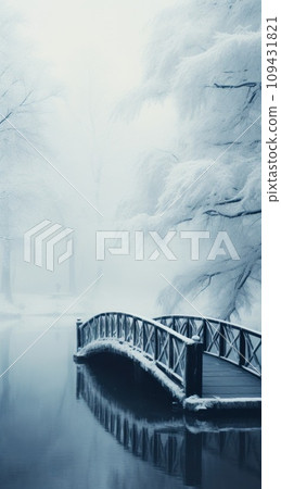 a bridge in the snow over a lake, 109431821