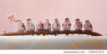 a bunch of sparrows sitting on a branch in front of a pink flower bouquet, 109431857