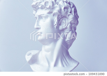 Statue. On a white isolated background. Gypsum statue of David's head. Man. Statue. On a white isolated background. Gypsum statue of David's head. Man. 109431890