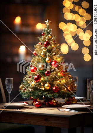 a christmas tree next to a wooden table, 109431901