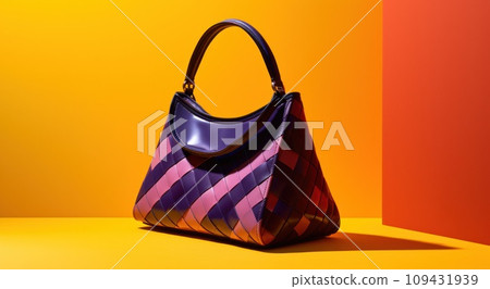 a colorful woven bag sits against an orange, yellow and purple background, a colorful woven bag sits against an orange, yellow and purple background, 109431939
