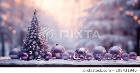 a purple christmas tree with purple ornaments on a wooden table, a purple christmas tree with purple ornaments on a wooden table, 109431940