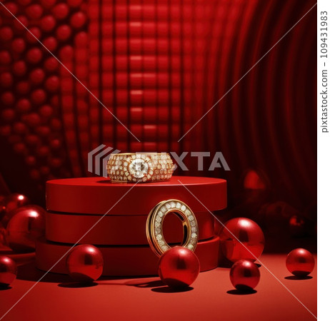 a ring and ruby on a red background surrounded by golden balls, a ring and ruby on a red background surrounded by golden balls, 109431983