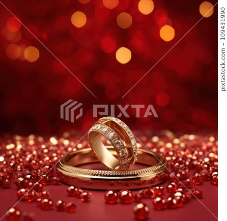 a ring and ruby on a red background surrounded by golden balls, a ring and ruby on a red background surrounded by golden balls, 109431990