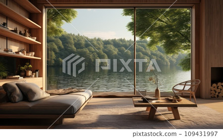 a room with windows facing a lake or forest, a room with windows facing a lake or forest, 109431997