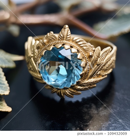 a round blue topaz ring with feathers 109432009