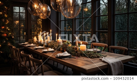 a dark dining table with candles and christmas... - Stock Illustration ...
