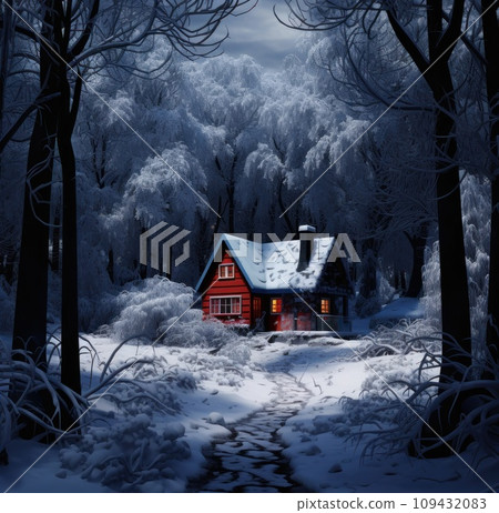 a small red house is sitting in a snow covered forest, dark gray 109432083