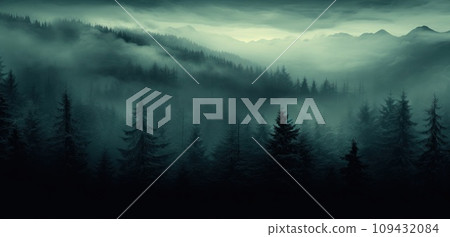 a foggy forest in the fog, 109432084