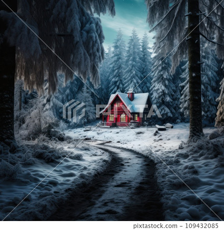 a small red house is sitting in a snow covered forest, dark gray 109432085