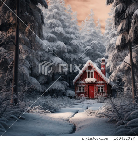 a small red house is sitting in a snow covered forest, dark gray 109432087