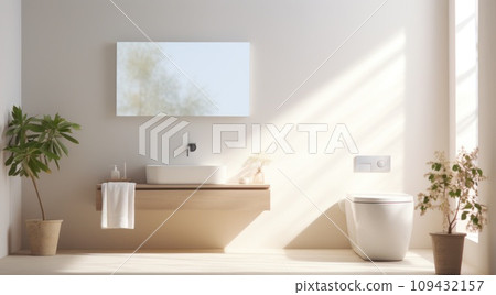 clean white room with toilet, mirror, table and sink, clean white room with toilet, mirror, table and sink, 109432157