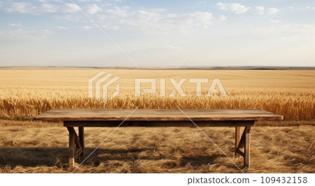 an old wood table next to a wheat field, 109432158