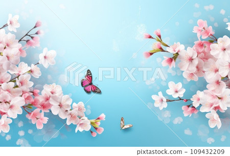 colorful cherry blossoms flowers pink and blue butterfly on blue background, colorful cherry blossoms flowers pink and blue butterfly on blue background, 109432209