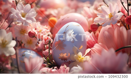 colorful easter eggs sitting around the flowers, 109432300