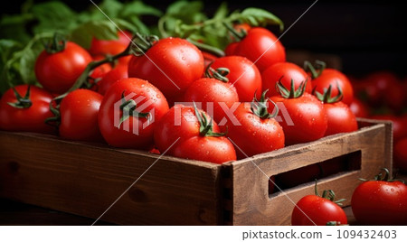 a wooden box full of tomatoes in the garden, a wooden box full of tomatoes in the garden, 109432403